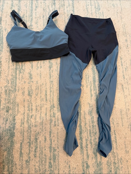 ZYIA Pants - ZYIA Two-Piece Blue & Black Active Set - Ribbed Sports Bra & Leggings
